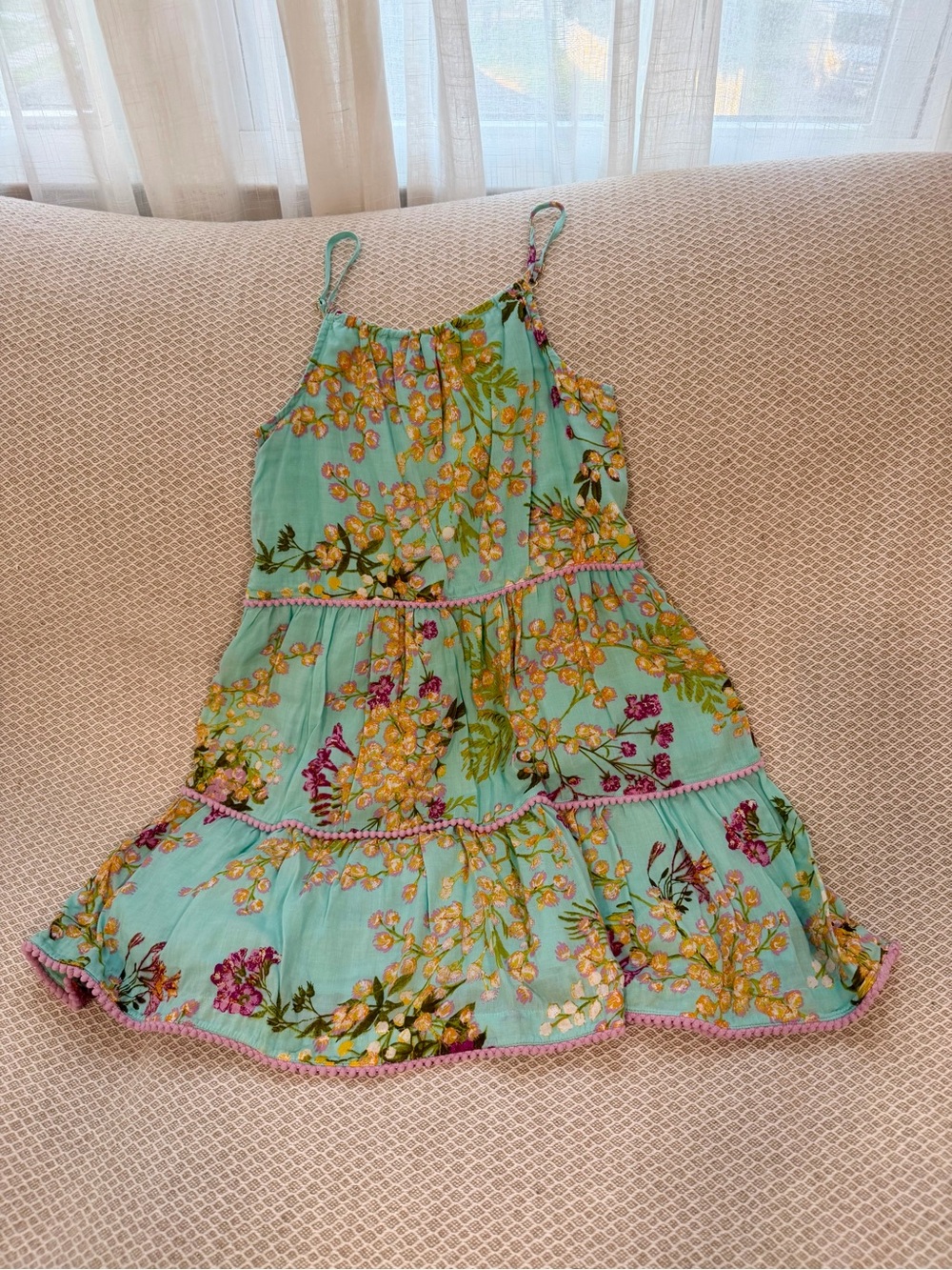 Vineyard Vines Aqua Floral Tiered Sundress with Pink Trim